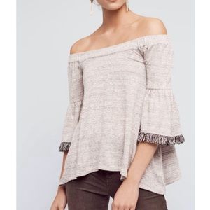 Eri + Ali Anthropologie off shoulder fringe sleeve